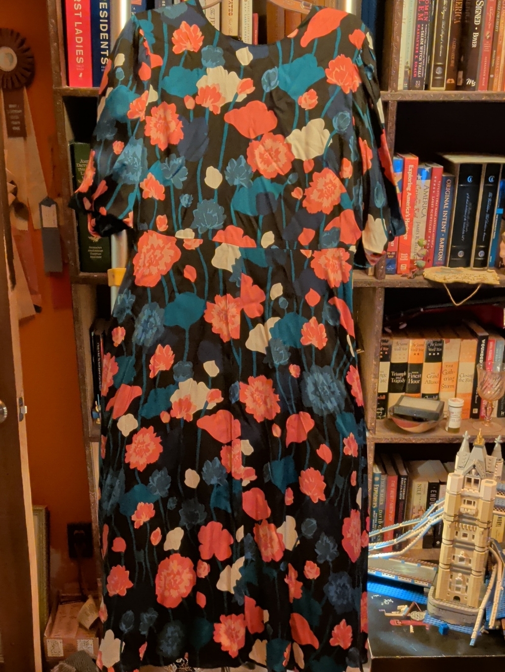 kate spade Black Midi Dress with Coral, Teal & Cream Floral Print